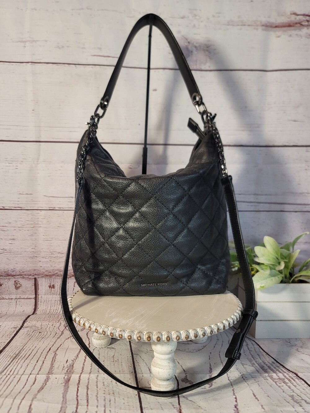 MICHAEL Kors Black Quilted Leather Slouchy Hobo Shoulder Bag Handbag Gunmetal